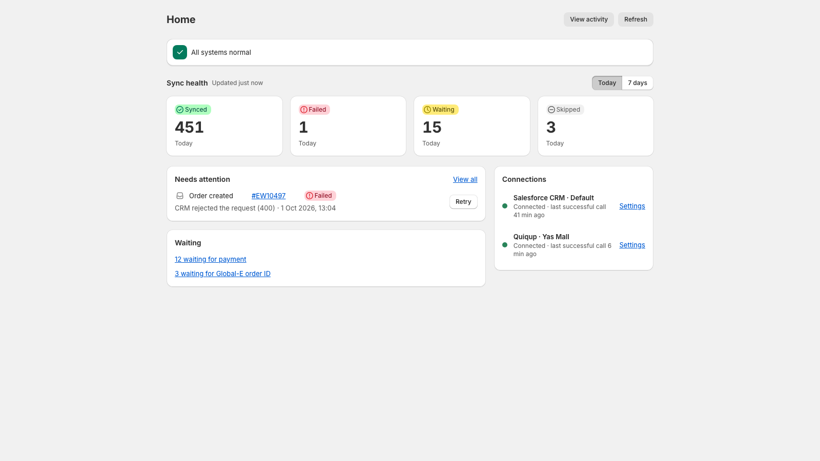 CRM Connect dashboard showing sync health, failures and retry