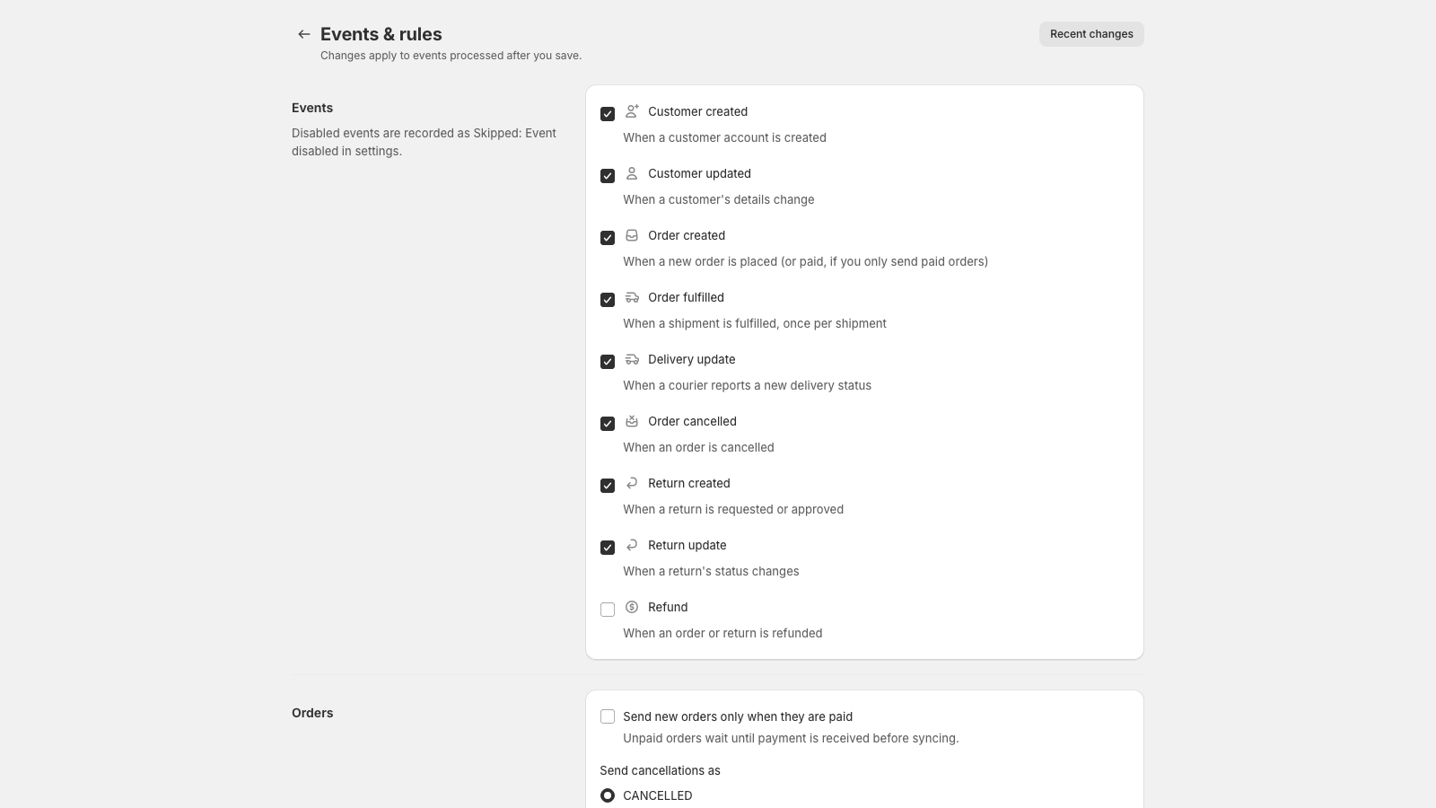 Events and rules settings