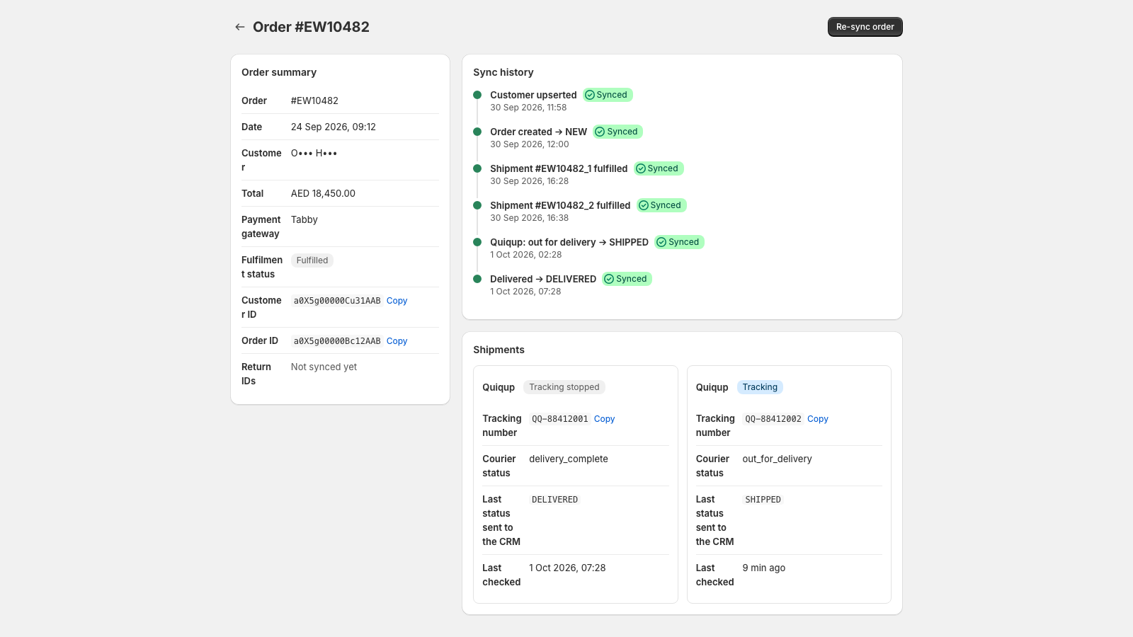 Per-order sync history